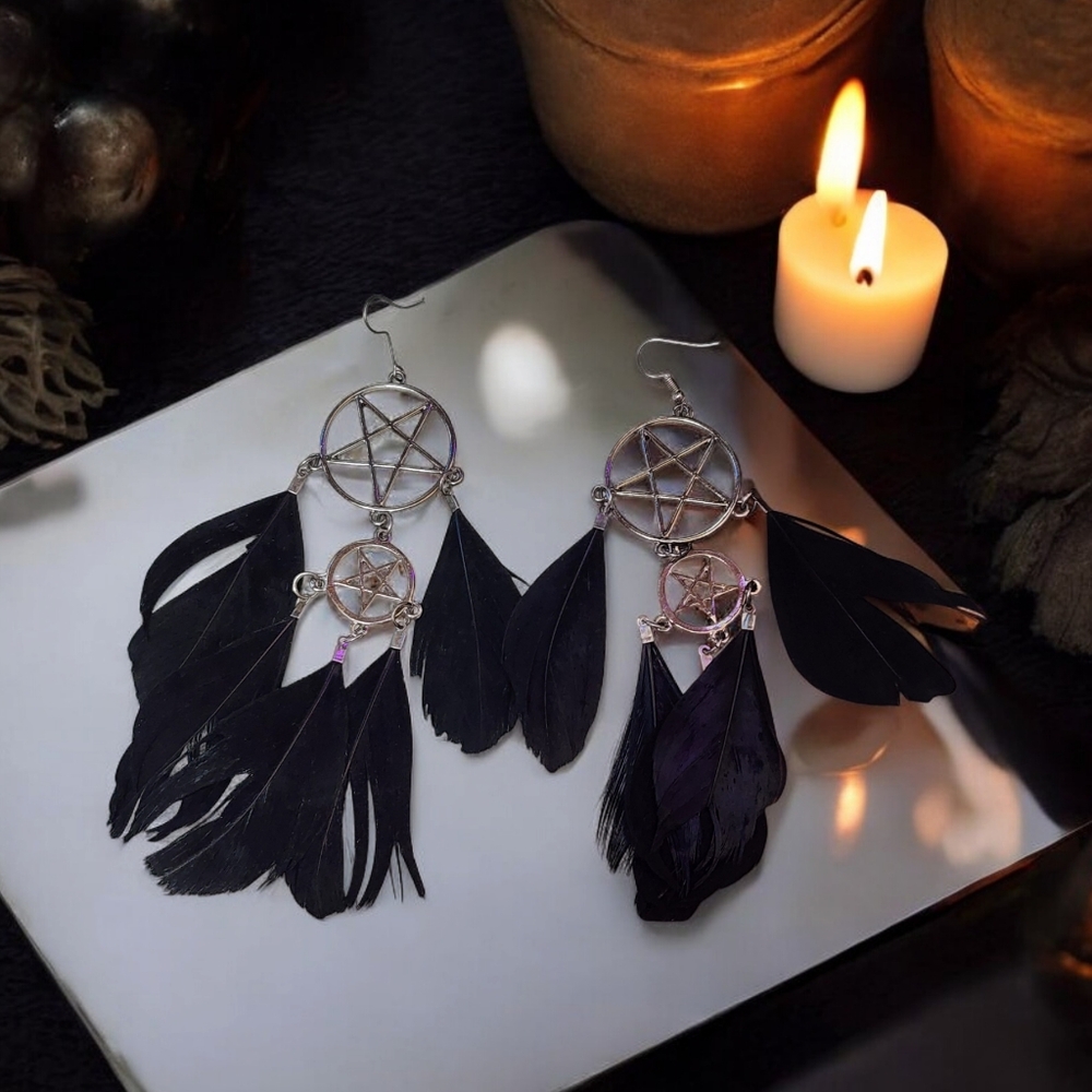Feather Pentagram Dangle Earrings